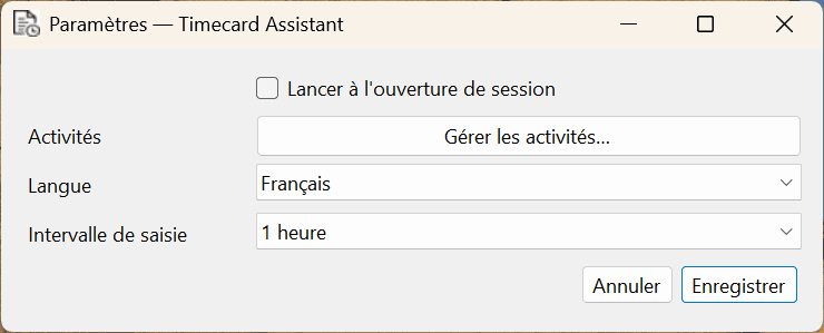 Fenêtre Paramètres de Timecard Assistant