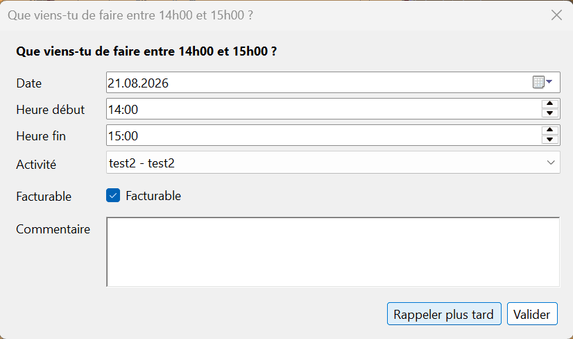Fenêtre de saisie du temps de Timecard Assistant