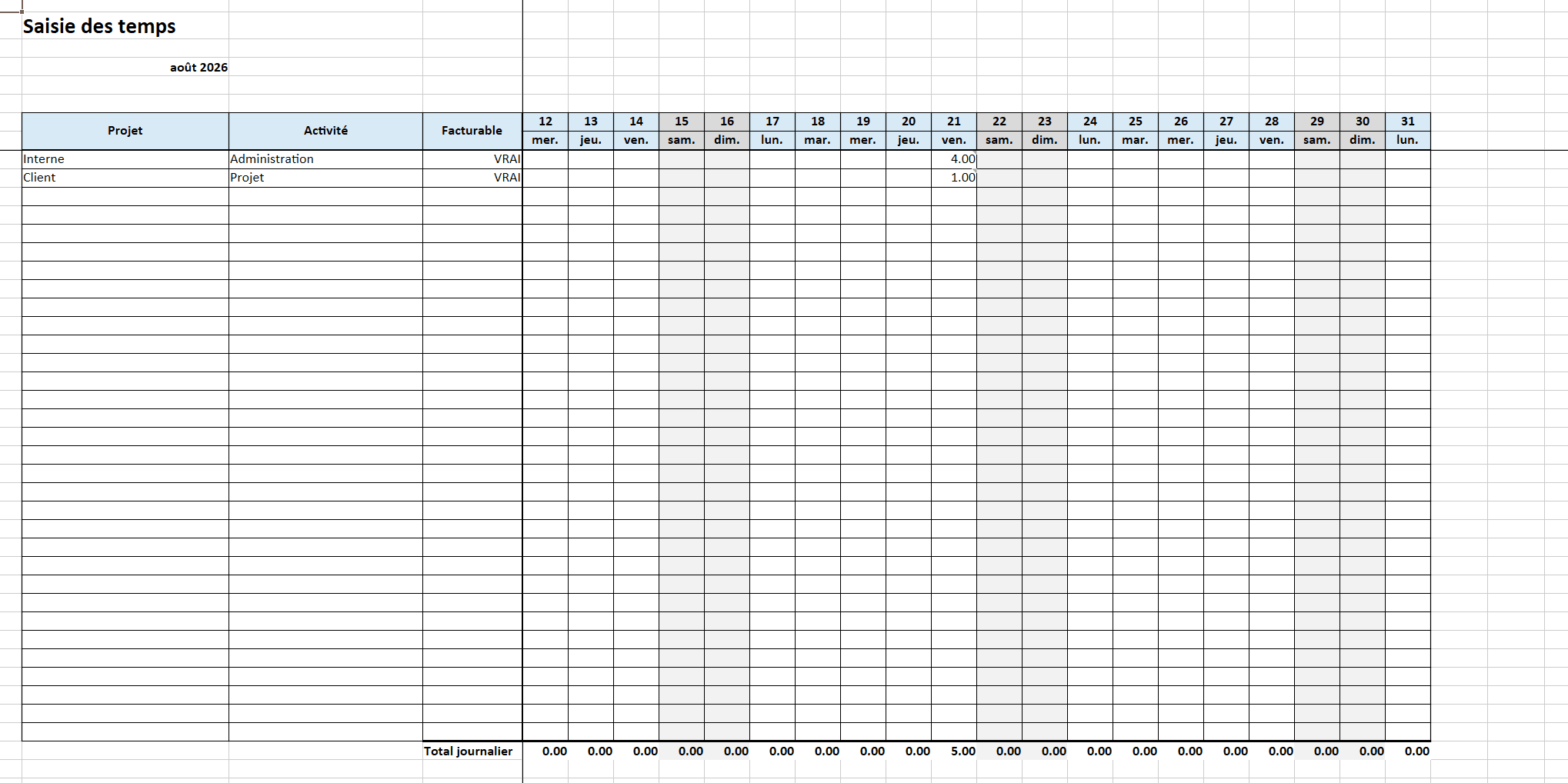 Exemple de feuille de temps Excel générée par Timecard Assistant
